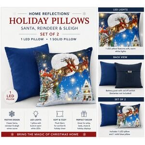 Home Reflections 18" Holiday Pillows Set of 2 Santa Reindeer Sleigh LED Blue New
